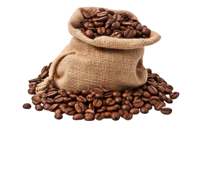 saco com grãos de café com alguns grãos em volta
